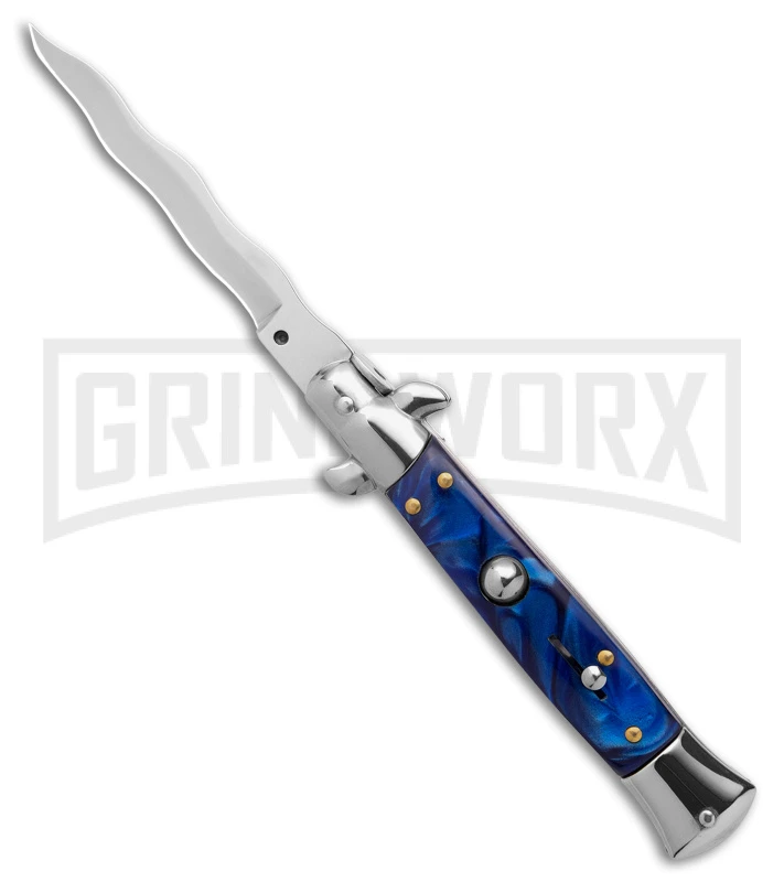 9" Anomaly Stiletto Blue Pearlex Automatic Knife - Satin Kriss 1 9" Anomaly Stiletto Blue Pearlex Automatic Knife - Satin Kriss