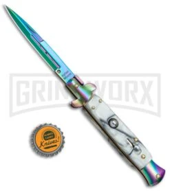 9" Anomaly Stiletto White Swirl Automatic Knife - Bayonet Spectrum Plain -Deals Blade Master Store 9in Anomaly Stiletto White Swirl Bayo Spectrum Plain A150BLR BP 22809 jr bottlecap large