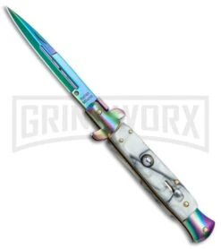 9" Anomaly Stiletto White Swirl Automatic Knife - Bayonet Spectrum Plain