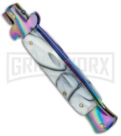 9" Anomaly Stiletto White Swirl Automatic Knife - Bayonet Spectrum Plain -Deals Blade Master Store 9in Anomaly Stiletto White Swirl Bayo Spectrum Plain A150BLR BP 22809 jr side large