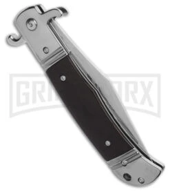 Italia 9" CZ Ebony Wood Bolster Release Automatic Knife - Damascus Plain -Deals Blade Master Store 9in CZ Bolster Release Automatic Knife Ebony Wood 4in Damascus BHQ 186210 hd side large