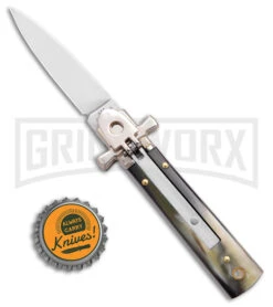 AGA 6" Lever Lock Horn Automatic Knife W/Cross Bolsters - Satin Plain -Deals Blade Master Store AGA 6in LL Horn Auto Cross Bolsters Satin BHQ 177246 jr bottlecap large