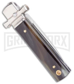 AGA 6" Lever Lock Horn Automatic Knife W/Cross Bolsters - Satin Plain -Deals Blade Master Store AGA 6in LL Horn Auto Cross Bolsters Satin BHQ 177246 jr side large