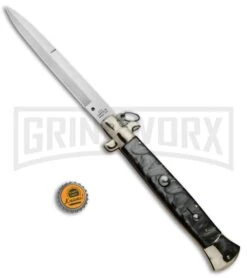 A.G.A. Campolin 18" Italian Stiletto Gray Ring Pull Automatic Knife - Bayo Satin -Deals Blade Master Store AGA Campolin 18in Italian Stiletto Silver Ring Pull Bayo BP 30462 jr bottlecap large