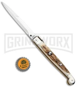 A.G.A. Campolin 9" Sicilian Stag Picklock Auto Sillito Knife - Bayonet -Deals Blade Master Store AGA Campolin 9in Sicilian Picklock Auto Stag Horn Satin Bayo BHQ 81940 jr bottlecap large