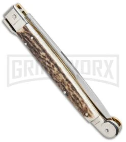 A.G.A. Campolin 9" Sicilian Stag Picklock Auto Sillito Knife - Bayonet -Deals Blade Master Store AGA Campolin 9in Sicilian Picklock Auto Stag Horn Satin Bayo BHQ 81940 jr side large