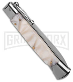 AKC Italian Stiletto Swinguard White Pearlex Automatic Knife - Polish Plain -Deals Blade Master Store AKC 10in Italian Stiletto Swinguard White Pearlex Automatic Knife Polish Plain GX 41442 hd side large