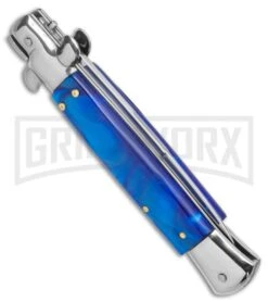 9" Anomaly Stiletto Blue Pearlex Automatic Knife - Satin Bayonet -Deals Blade Master Store AKC 9in Blue Pearlex Acrylic Auto Italian Bayo Stiletto Satin GX 37998 jr side large