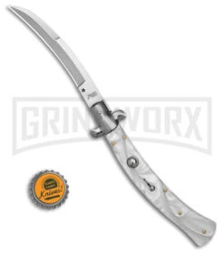 AKC Curved Stiletto White Pearlex Automatic Knife - Bayo Satin -Deals Blade Master Store AKC Curved Stiletto White Pealex AK 4in Satin GX 41021 td size large
