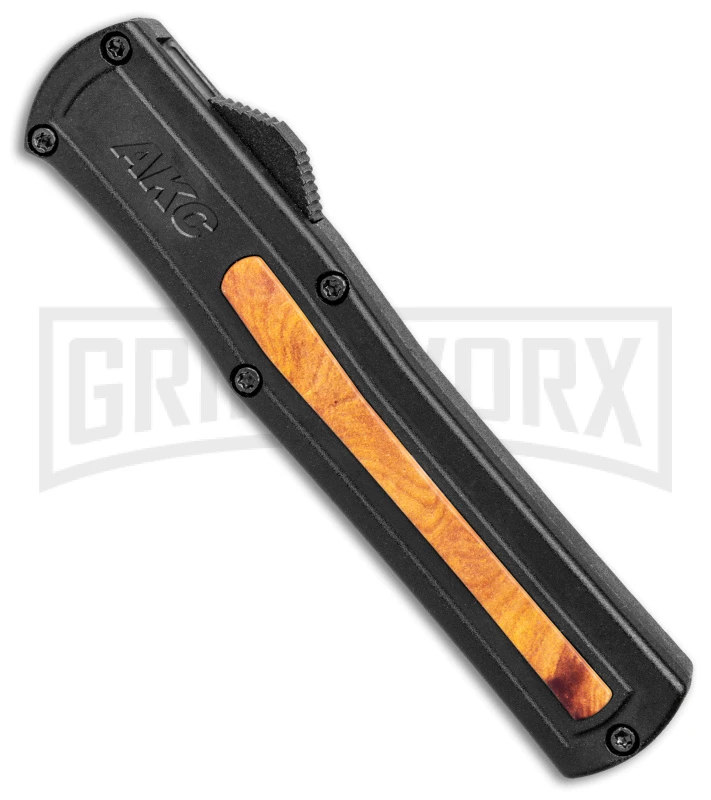 AKC F-20 Black W/ Wood Inlay D/A OTF Automatic Knife - Satin Plain 2 AKC F-20 Black W/ Wood Inlay D/A OTF Automatic Knife - Satin Plain - Image 2