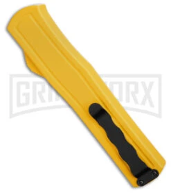 AKC F-20 D/A Dagger Yellow Aluminum OTF Automatic Knife - Satin Plain -Deals Blade Master Store AKC F20 DA OTF AK Dagger yellow Alum 3in Satin BHQ 178761 td side large