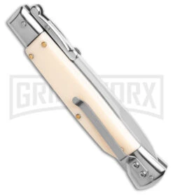 AKC 9" Italian Stiletto Swinguard Sim Ivory Auto Knife W/ Case - Polish Plain -Deals Blade Master Store AKC Swinguard 9in Automatic Italian Stiletto Sim Ivory with Case 4in Polish Bayonet BHQ 189012 td side large