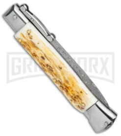 Automatic Italian Style Swinguard 9" Stag - Damascus Bayonet Blade -Deals Blade Master Store AKC Swinguard 9in Stag Bayo Damascus GX 3647 jr side large