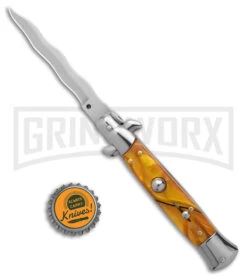 9" Anomaly Stiletto Yellow Pearlex Automatic Knife - Satin Kriss -Deals Blade Master Store Anomally 9in Stiletto Yellow Pearlex Auto Satin Kriss BHQ 162148 jr bottlecap large