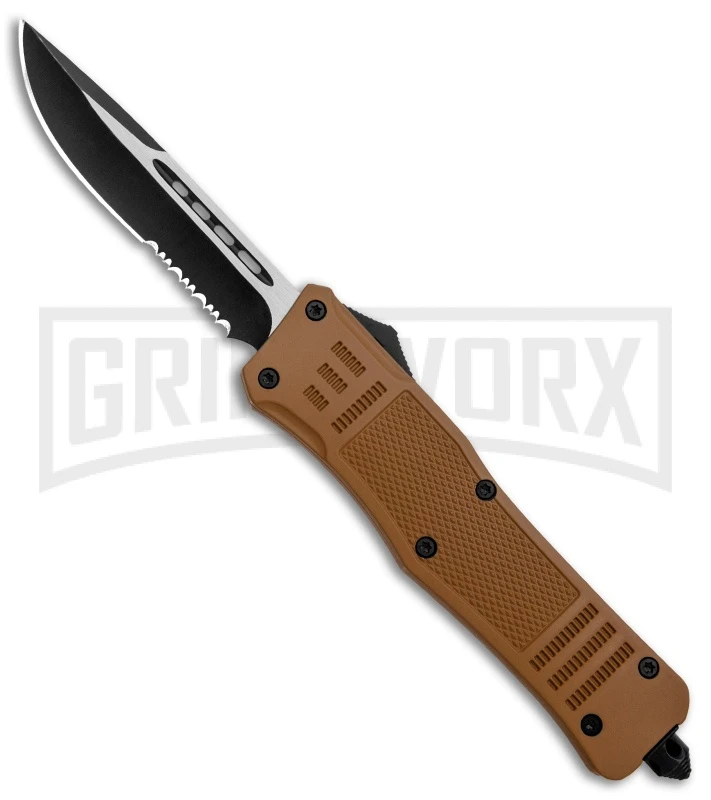 Atomic Defender Large OTF Automatic Knife Sand Brown - Two Tone Serr Drop Point 1 Atomic Defender Large OTF Automatic Knife Sand Brown - Two Tone Serr Drop Point