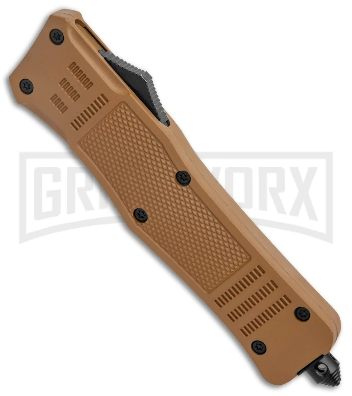 Atomic Defender Large OTF Automatic Knife Sand Brown - Two Tone Serr Drop Point 2 Atomic Defender Large OTF Automatic Knife Sand Brown - Two Tone Serr Drop Point - Image 2