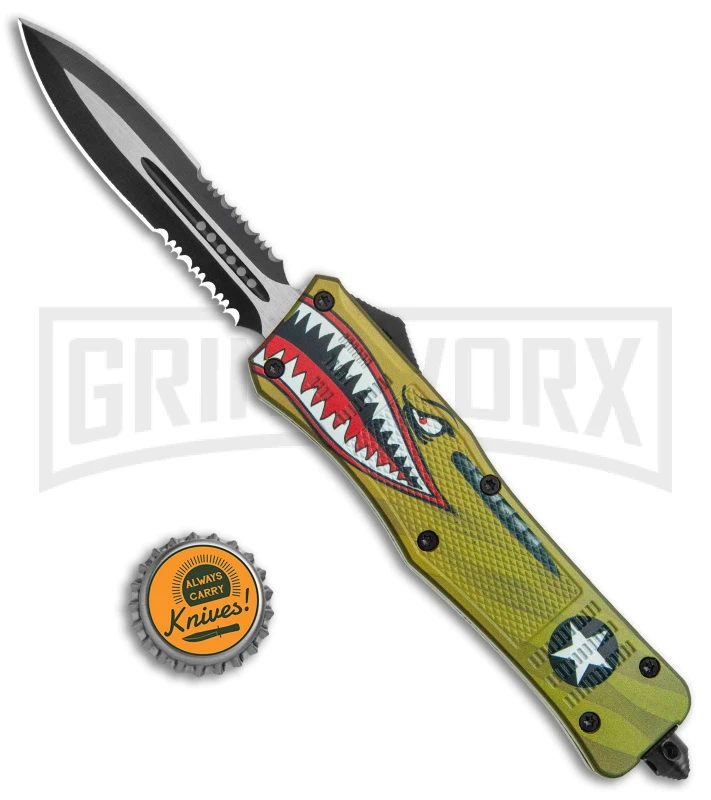 Large Atomic Defender OTF Yellow Warhawk Automatic Dagger Knife - Two Tone Serr 5 Large Atomic Defender OTF Yellow Warhawk Automatic Dagger Knife - Two Tone Serr - Image 5