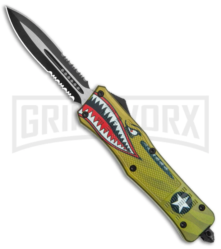 Large Atomic Defender OTF Yellow Warhawk Automatic Dagger Knife - Two Tone Serr 1 Large Atomic Defender OTF Yellow Warhawk Automatic Dagger Knife - Two Tone Serr