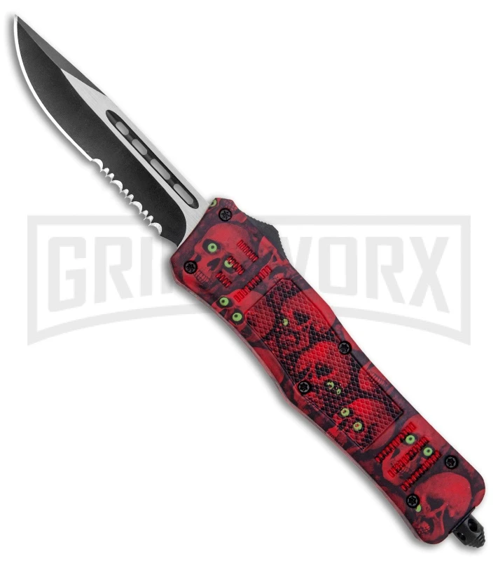Atomic Defender Med OTF Auto Knife Red Skull Drop Point Serr Knife 1 Atomic Defender Med OTF Auto Knife Red Skull Drop Point Serr Knife