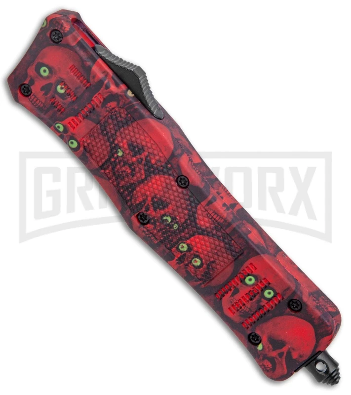 Atomic Defender Med OTF Auto Knife Red Skull Drop Point Serr Knife 2 Atomic Defender Med OTF Auto Knife Red Skull Drop Point Serr Knife - Image 2