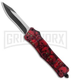 Atomic Defender Medium OTF Automatic Knife Red Skull - Two Tone Recurve