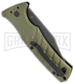 Boker Plus Strike OD Green Automatic Knife - Bowie Black Stonewash Plain -Deals Blade Master Store Boker Plus Strike Bowie Auto OD Green Black Wash BHQ 125301 jr side large