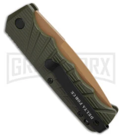 Delta Force Automatic Knife OD Green Aluminum Drop Point - Tan Plain -Deals Blade Master Store Delta Force Automatic Knife OD Green Aluminum Drop Point Tan Plain GX 42318 td side large