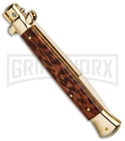 Frank B. 11" Snakewood Italian Stiletto Gold Plated - Gold Bayo Plain -Deals Blade Master Store Frank B 11in Italian Stiletto Auto Snakewood Gold Bayo BHQ 85969 jr side large