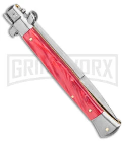 Frank B. 11" Italian Stiletto Red Pearlex Automatic Knife - Satin Bayonet Plain -Deals Blade Master Store Frank B 11in Italian Stiletto Red Pearlex Auto Satin Bayo GX 3212 jr side large