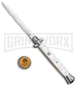 Frank B. 11" Italian Stiletto White Acrylic Automatic Knife - Kris Polish -Deals Blade Master Store Frank B 11in Italian Stiletto White Acrylic Auto Kriss Polish GX 33136 jr bottlecap large
