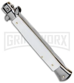 Frank B. 11" Italian Stiletto White Acrylic Automatic Knife - Kris Polish -Deals Blade Master Store Frank B 11in Italian Stiletto White Acrylic Auto Kriss Polish GX 33136 jr side large