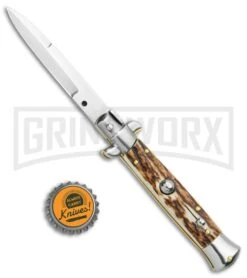 Frank B 7.5" Italian Stiletto Stag Horn Automatic Knife - Bayonet 7 Frank B 7.5" Italian Stiletto Stag Horn Automatic Knife - Bayonet -Deals Blade Master Store Frank B 7.5in Italian Stiletto Auto Bayo Stag Horn Satin BHQ 114618 jr bottlecap large