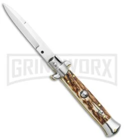 Frank B 7.5" Italian Stiletto Stag Horn Automatic Knife - Bayonet