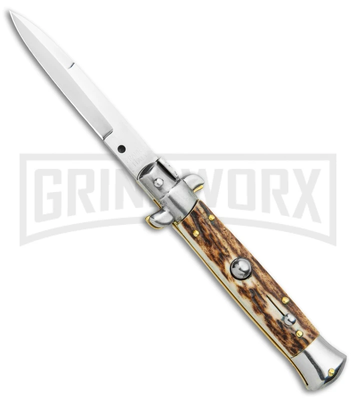 Frank B 7.5" Italian Stiletto Stag Horn Automatic Knife - Bayonet 1 Frank B 7.5" Italian Stiletto Stag Horn Automatic Knife - Bayonet