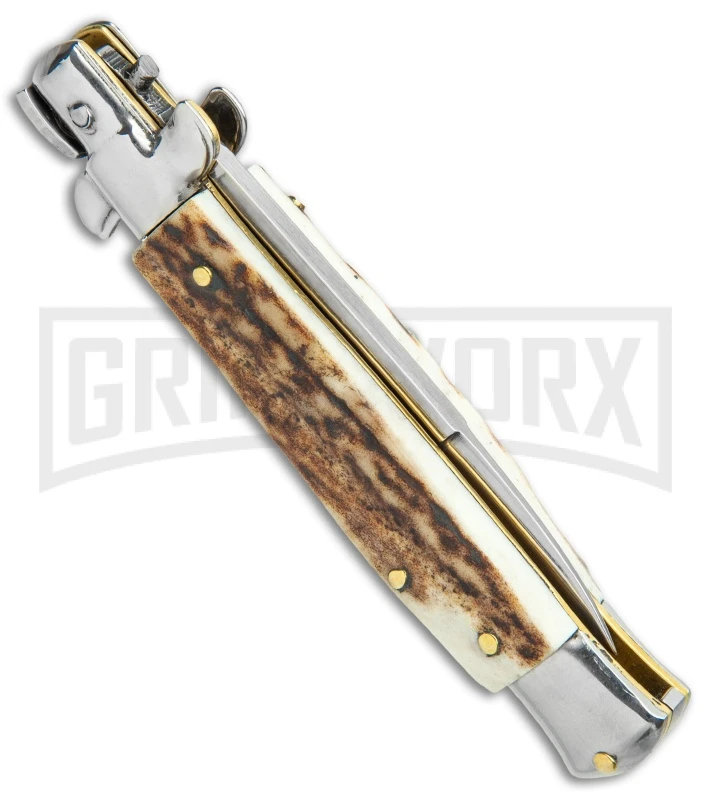 Frank B 7.5" Italian Stiletto Stag Horn Automatic Knife - Bayonet 3 Frank B 7.5" Italian Stiletto Stag Horn Automatic Knife - Bayonet - Image 3