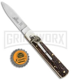 Hubertus 6.25" Small Slimline Lever Lock Stag Automatic Knife - Satin Plain -Deals Blade Master Store Hubertus 6.23in Small Slimline LL Stag Auto Satin 68.112.HH .09 GX 32280 jr bottlecap large