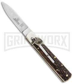 Hubertus 6.25" Small Slimline Lever Lock Stag Automatic Knife - Satin Plain