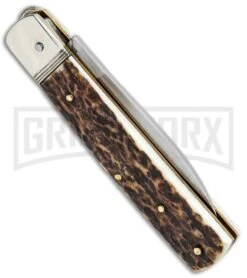 Hubertus 6.25" Small Slimline Lever Lock Stag Automatic Knife - Satin Plain -Deals Blade Master Store Hubertus 6.23in Small Slimline LL Stag Auto Satin 68.112.HH .09 GX 32280 jr side large