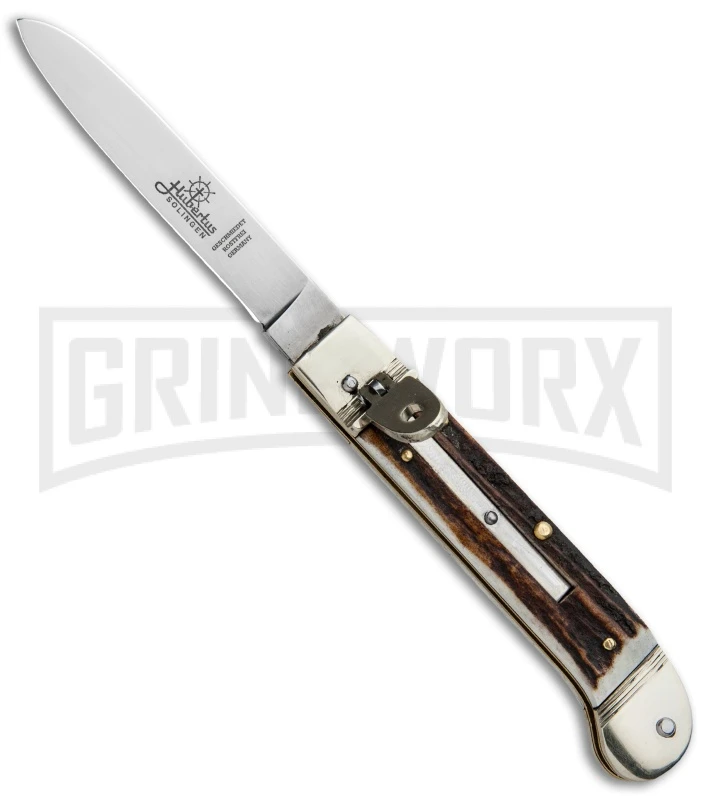 Hubertus 7.13" Pistol Shape Lever Lock Stag Automatic Knife - Satin Plain 1 Hubertus 7.13" Pistol Shape Lever Lock Stag Automatic Knife - Satin Plain