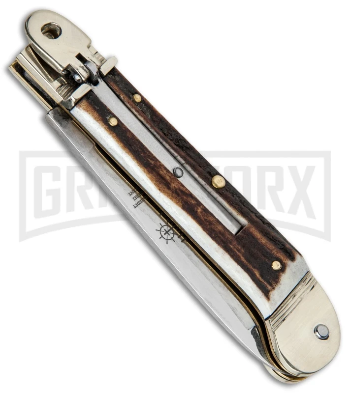 Hubertus 7.13" Pistol Shape Lever Lock Stag Automatic Knife - Satin Plain 2 Hubertus 7.13" Pistol Shape Lever Lock Stag Automatic Knife - Satin Plain - Image 2