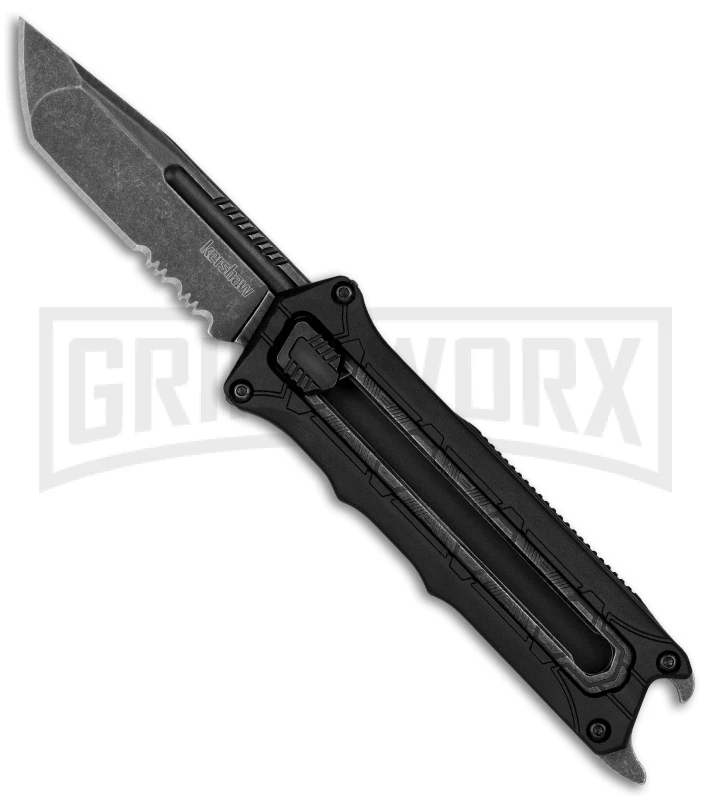 Kershaw Interstellar Black Manual Sliding Button Lock OTF Knife - Blackwash Serr 1 Kershaw Interstellar Black Manual Sliding Button Lock OTF Knife - Blackwash Serr