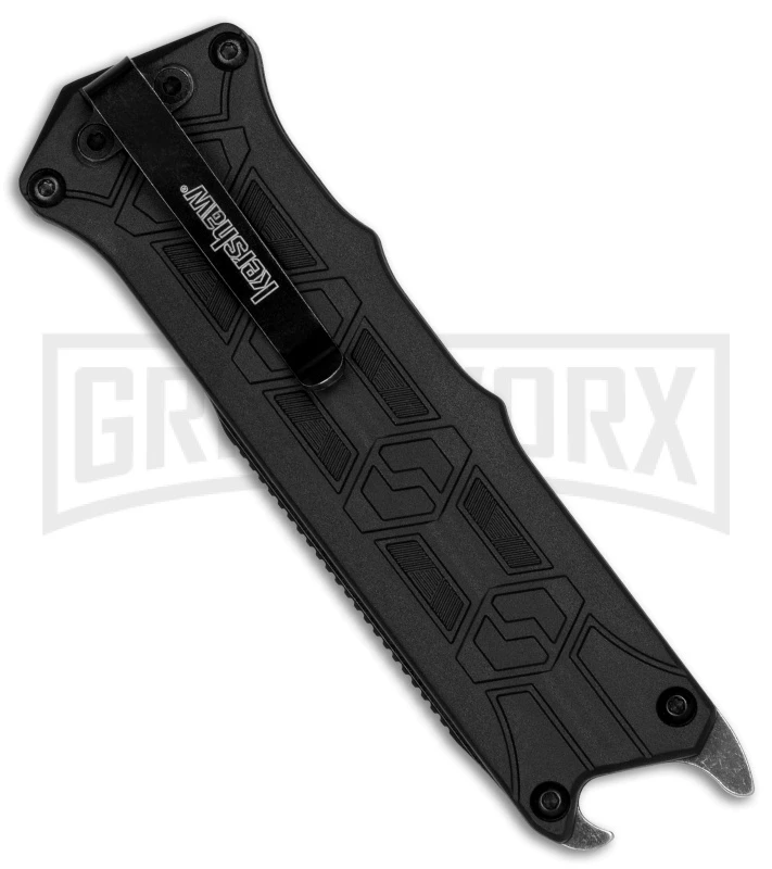 Kershaw Interstellar Black Manual Sliding Button Lock OTF Knife - Blackwash Serr 2 Kershaw Interstellar Black Manual Sliding Button Lock OTF Knife - Blackwash Serr - Image 2