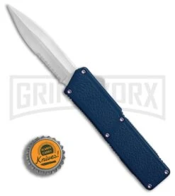 Lightning Blue D/A OTF Automatic Knife - Satin Dagger Serr 4TH18 -Deals Blade Master Store Lightning Blue DA Satin Dagger Serr BP 27475 er bottlecap large