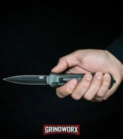 Smith & Wesson Spring Assisted Finger Actuator Tanto OTF Knife - Black Plain -Deals Blade Master Store MP OTF Spring Assisted Spear Point Knife Gray Black BHQ 80731 kp in hand web large