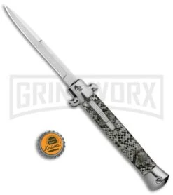 Mago 11" Cottonmouth Italian Stiletto OTF Automatic Knife Gray - Satin Plain -Deals Blade Master Store Mago 11in Cottonmouth Italian Stiletto OTF Auto Satin Bayo GX 37054 jr bottlecap large