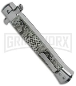 Mago 11" Cottonmouth Italian Stiletto OTF Automatic Knife Gray - Satin Plain -Deals Blade Master Store Mago 11in Cottonmouth Italian Stiletto OTF Auto Satin Bayo GX 37054 jr side large