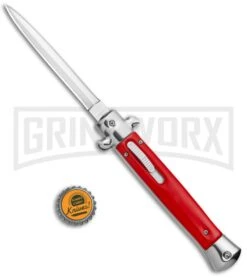 Mago 11" Dagger Italian Stiletto OTF Knife Red W/Polished Bolster - Satin Plain -Deals Blade Master Store Mago 11in Red Dagger Italian Stiletto OTF Auto Satin Silver Bolster GX 37327 jr bottlecap large
