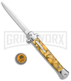 Mago 11" Yellow Acrylic Stiletto OTF Automatic Knife - Satin Bayo W/o Clip -Deals Blade Master Store Mago 11in Yellow Acrylic Stiletto OTF Auto Satin Bayo without Clip GX 38911 jr bottlecap large