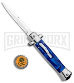 Mago 9" Blue Marble Italian Stiletto OTF Automatic Knife - Satin Plain -Deals Blade Master Store Mago 9in Blue Marble Italian Stiletto OTF Auto Satin GX 33805 jr bottlecap large