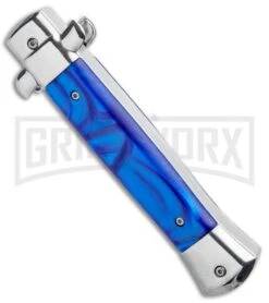 Mago 9" Blue Marble Italian Stiletto OTF Automatic Knife - Satin Plain -Deals Blade Master Store Mago 9in Blue Marble Italian Stiletto OTF Auto Satin GX 33805 jr side large